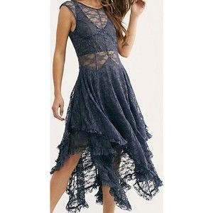 Free People Intimately Blue French Courtship Lace Boho Maxi Slip Dress Size XS